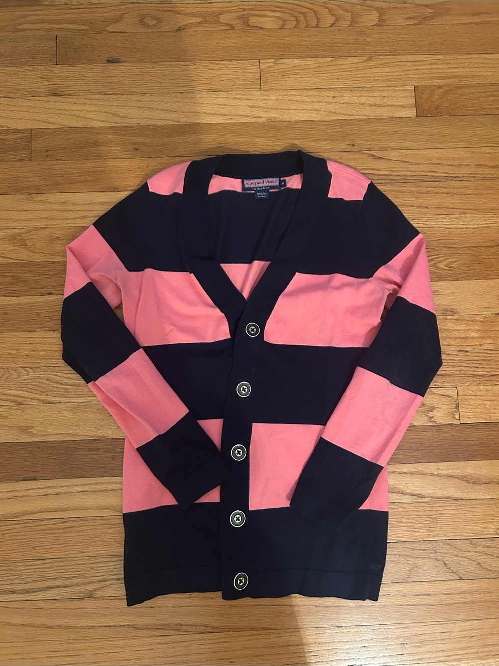 Vineyard Vines Navy and Pink Striped V‑Neck Button Cardigan